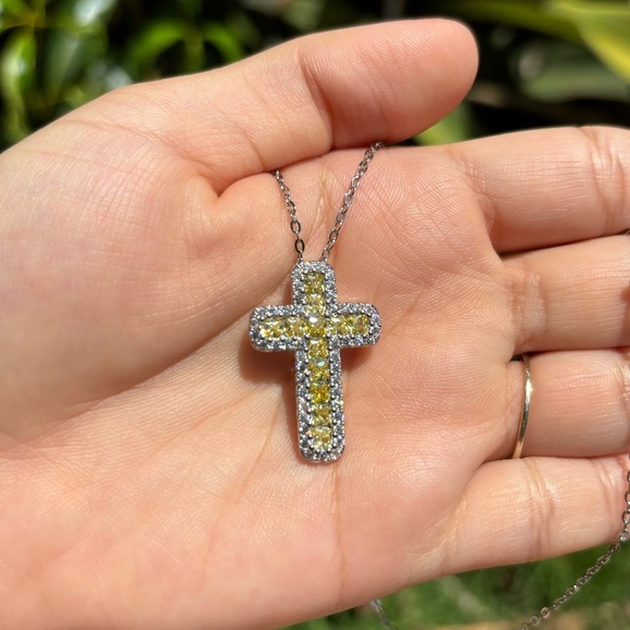 18K White Gold Plated Yellow Diamond Cross Necklace - Picture 3 of 5